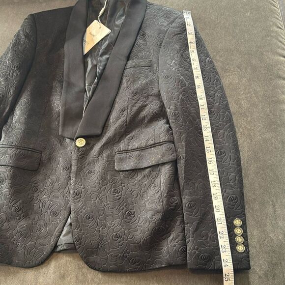 Men’s Black Floral Suit Tuxedo 3 Piece Shawl Lapel Size 34 Jacket 31 Pants NWT - Picture 8 of 15